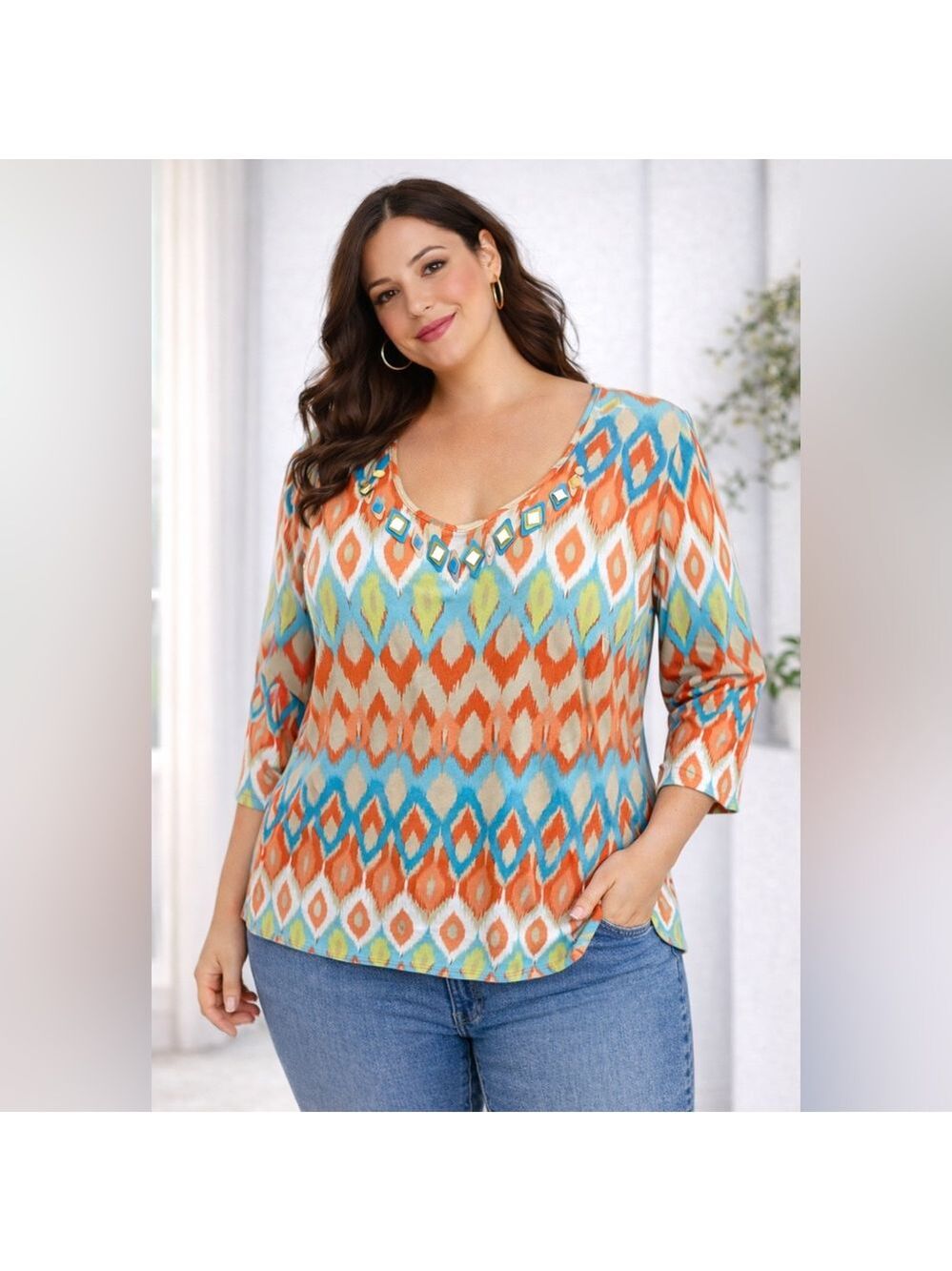Ruby Rd. Woman Ikat Print Embellished V-Neck 3/4 Sleeve Top – size 2X - Picture 13 of 13